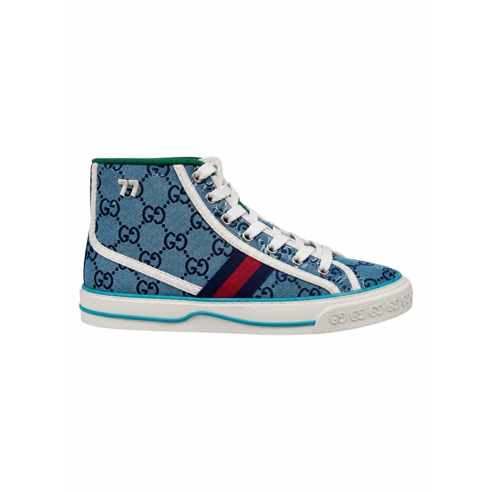 Gucci Tennis 1977 High Top Sneakers Turquoise Navy Logo Monogram Size 37 - Picture 3 of 11